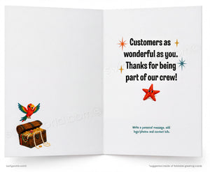 An open greeting card with a white background, featuring a red starfish on one side and a treasure chest with a parrot and customizable text on the other side.