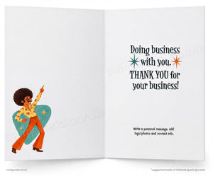 The image is a greeting card with a colorful illustration of a person dancing, and a message that says "Doing business with you. Thank you for your business!"