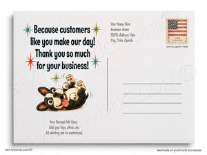 The image is a postcard with a playful dog illustration and a message of gratitude for customers. The postcard has a blank space for a recipient's name and address, and a stamp in the top right corner indicating it is a United States postage stamp. The text on the postcard is personalized and encourages customers to express their appreciation for the business.