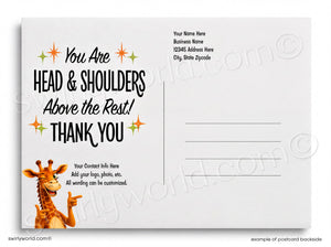 Greeting card with a giraffe illustration and customizable text area on a white background.