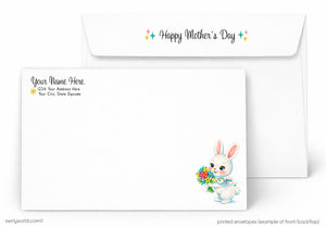 Mother's Day card with a bunny holding flowers and an envelope on a white background