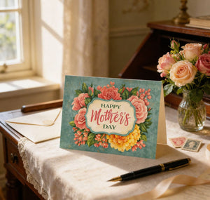A Mother's Day card with a floral design sits on a table, accompanied by a vase of roses and a pen.