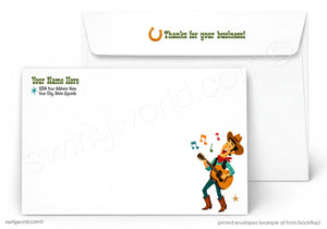a cartoon cowboy playing guitar and singing, with a "Thanks for your business!" message displayed on the back of an envelope.