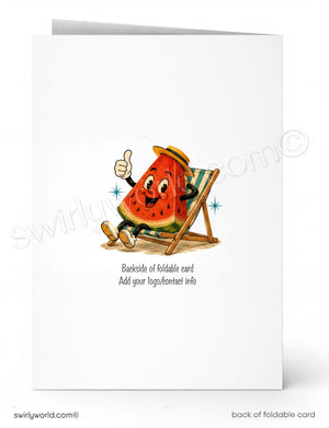Back of a folded card with a cartoon watermelon character in a deck chair, giving a thumbs up.