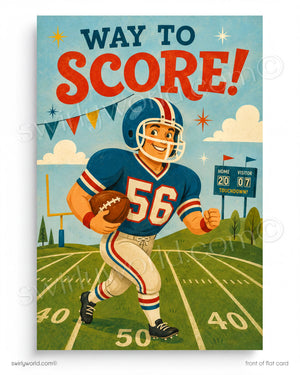 Vintage-style poster of a football player with 'Way to Score!' text on a blue background