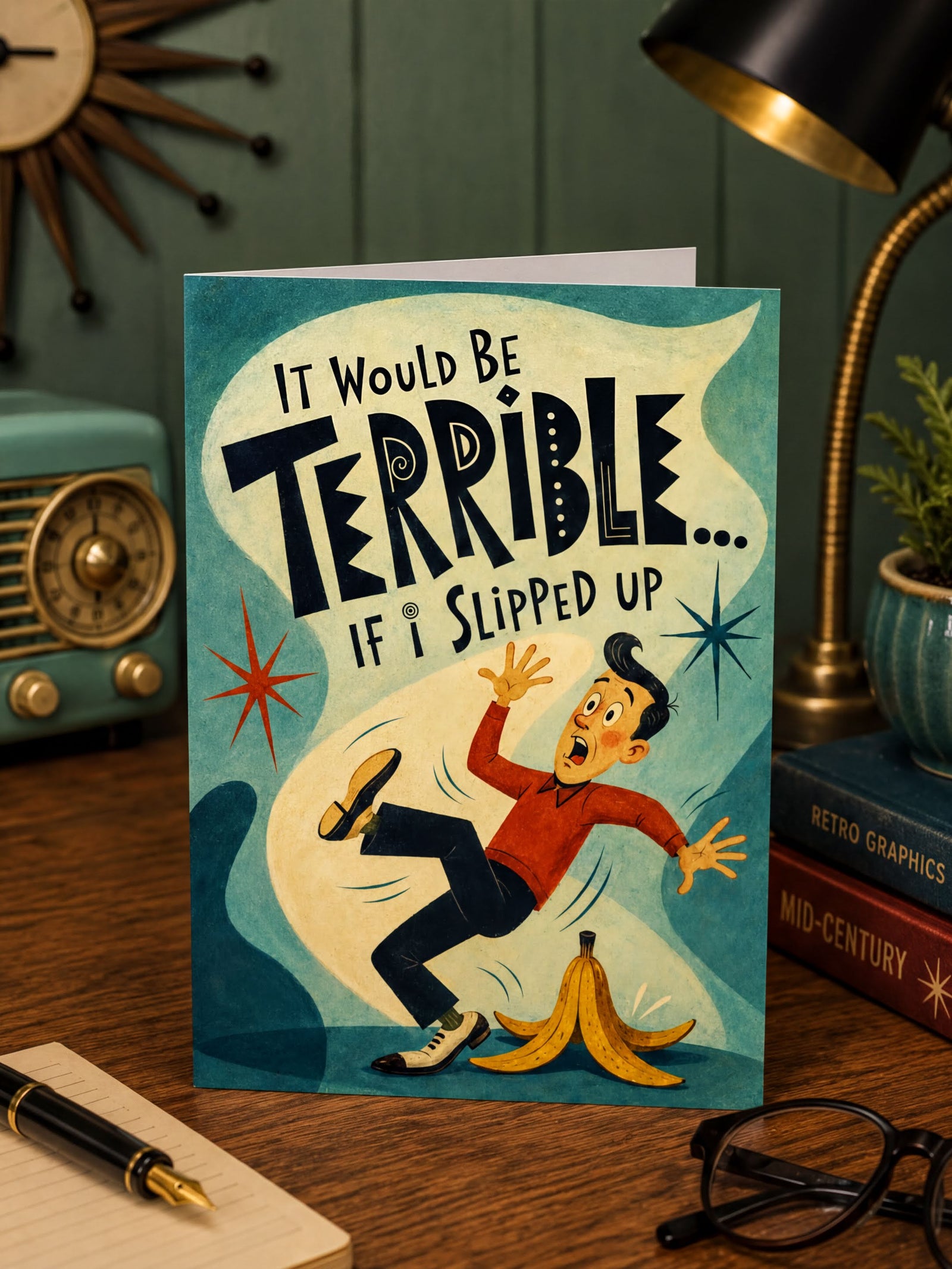 Vintage-style greeting card with a cartoon character slipping on a banana peel, text 'It would be terrible if I slipped up', and a blue background.