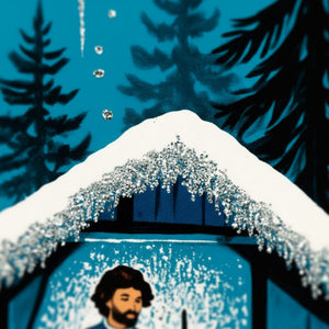 a snowy scene with a man standing in front of a snow-covered building, surrounded by trees and a blue sky with falling snowflakes.