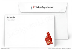 Envelopes with a foam finger design and 'Thank you for your business!' text on a white background
