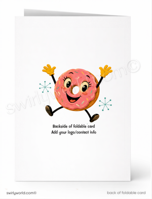 Backside of a foldable card with a cartoon donut character on a white background