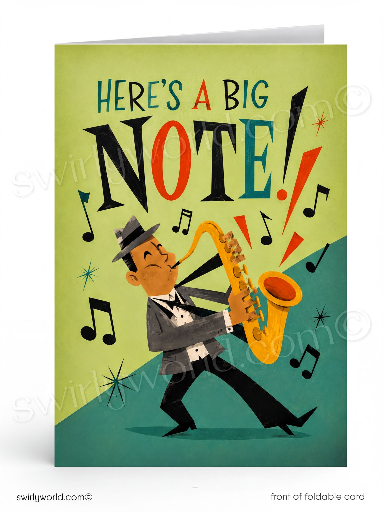 Greeting card with a man playing saxophone and colorful text on a green background