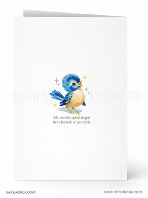 A white card with a blue bird illustration and colorful stars on the right side.