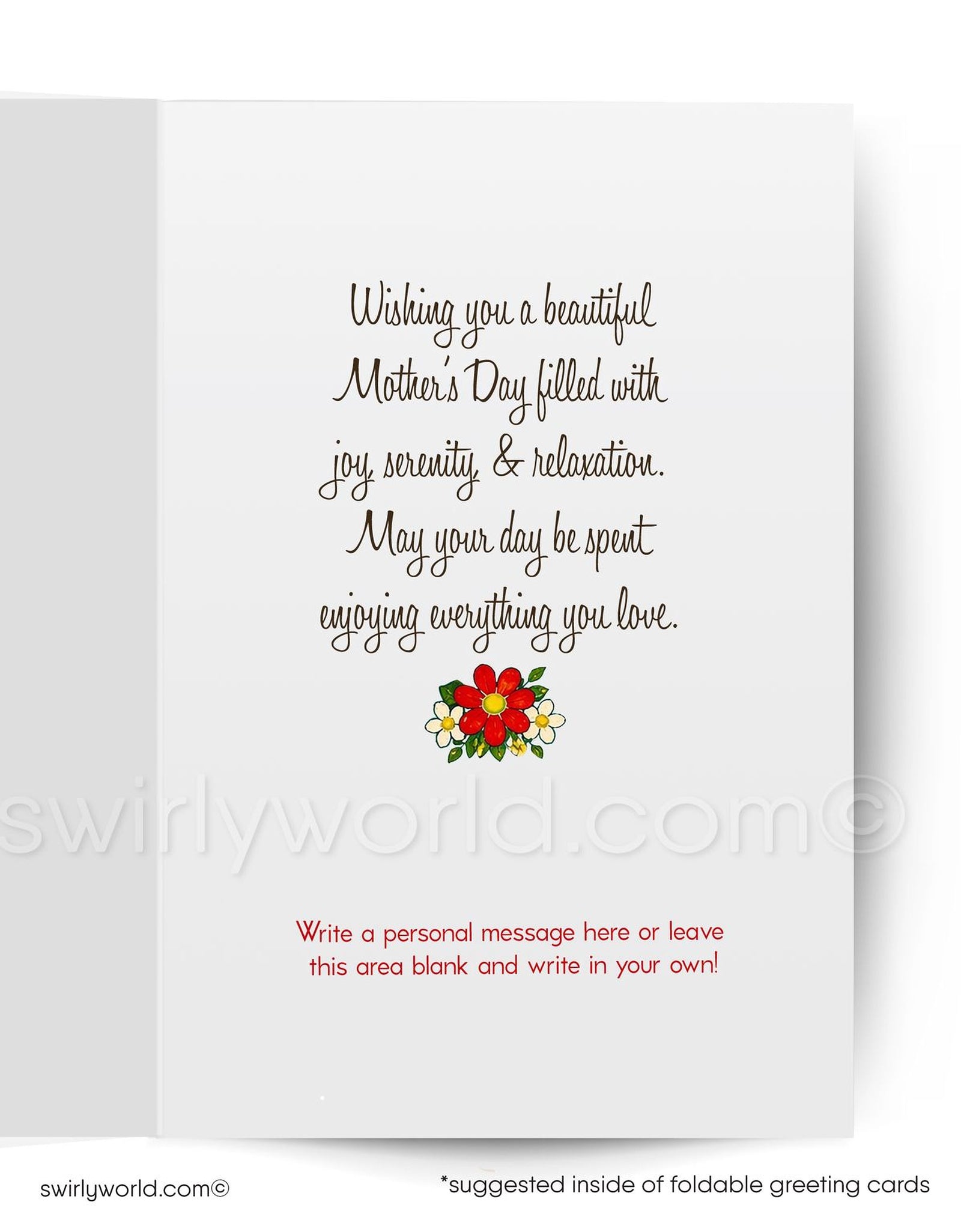 Vintage-style Mother's Day card with a girl watering flowers and text on a blue background.