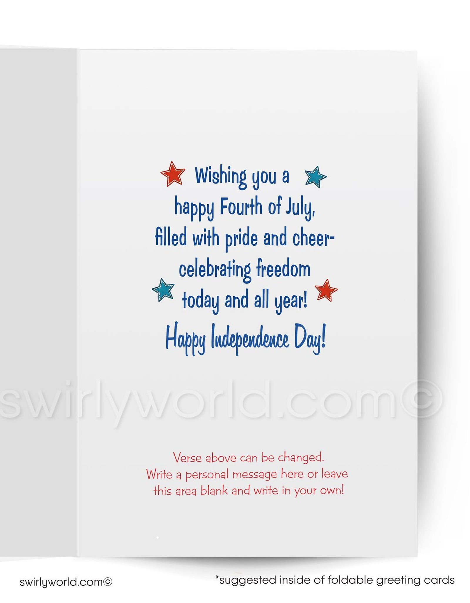 A teddy bear wearing a top hat and striped pants is holding an American flag, with the text "Happy 4th of July" displayed on the card.