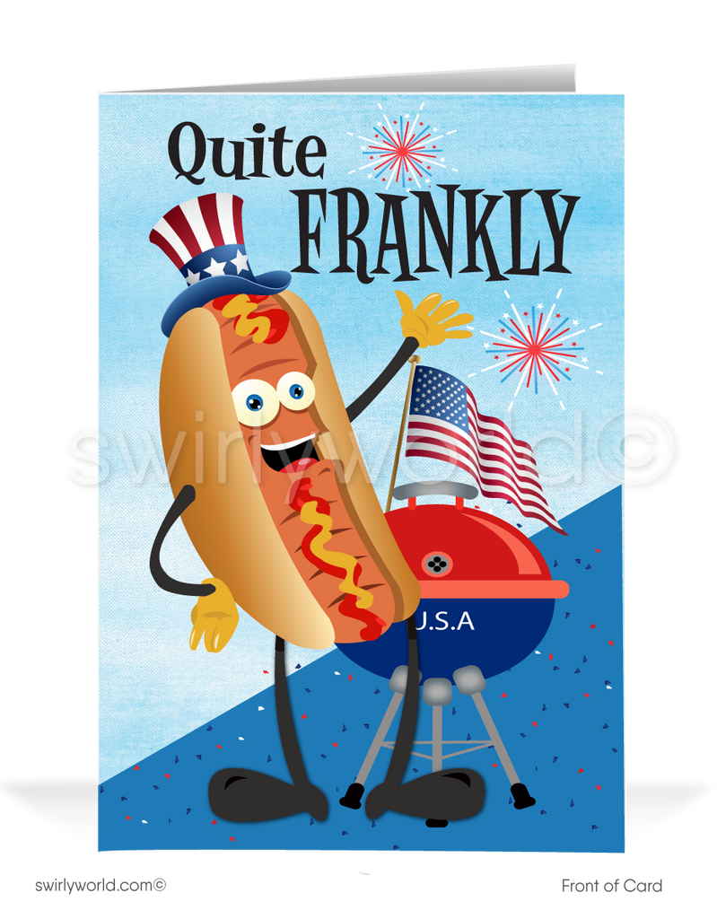 Products Digital Humorous All American Hot Dog Cartoon Happy 4th of July Greeting Cards