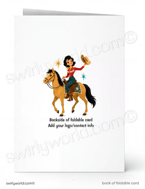 A white foldable greeting card shown front and back. The front features an illustration of a woman in a red top and blue skirt riding a tan horse with small star accents.