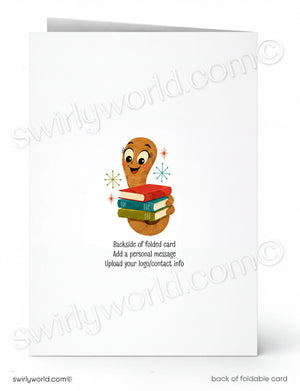 Back of a folded card with a cartoon wooden spoon holding books on a white background.