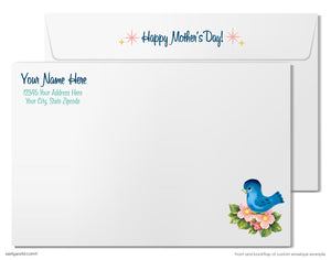The image is a custom envelope example for Mother's Day, featuring a blue bird sitting on pink flowers.