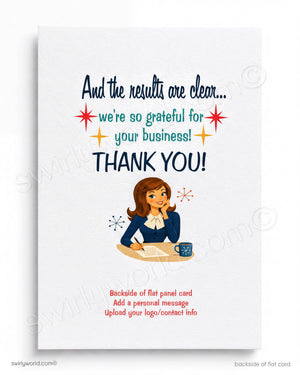 Greeting card with a woman at a desk and text 'And the results are clear.