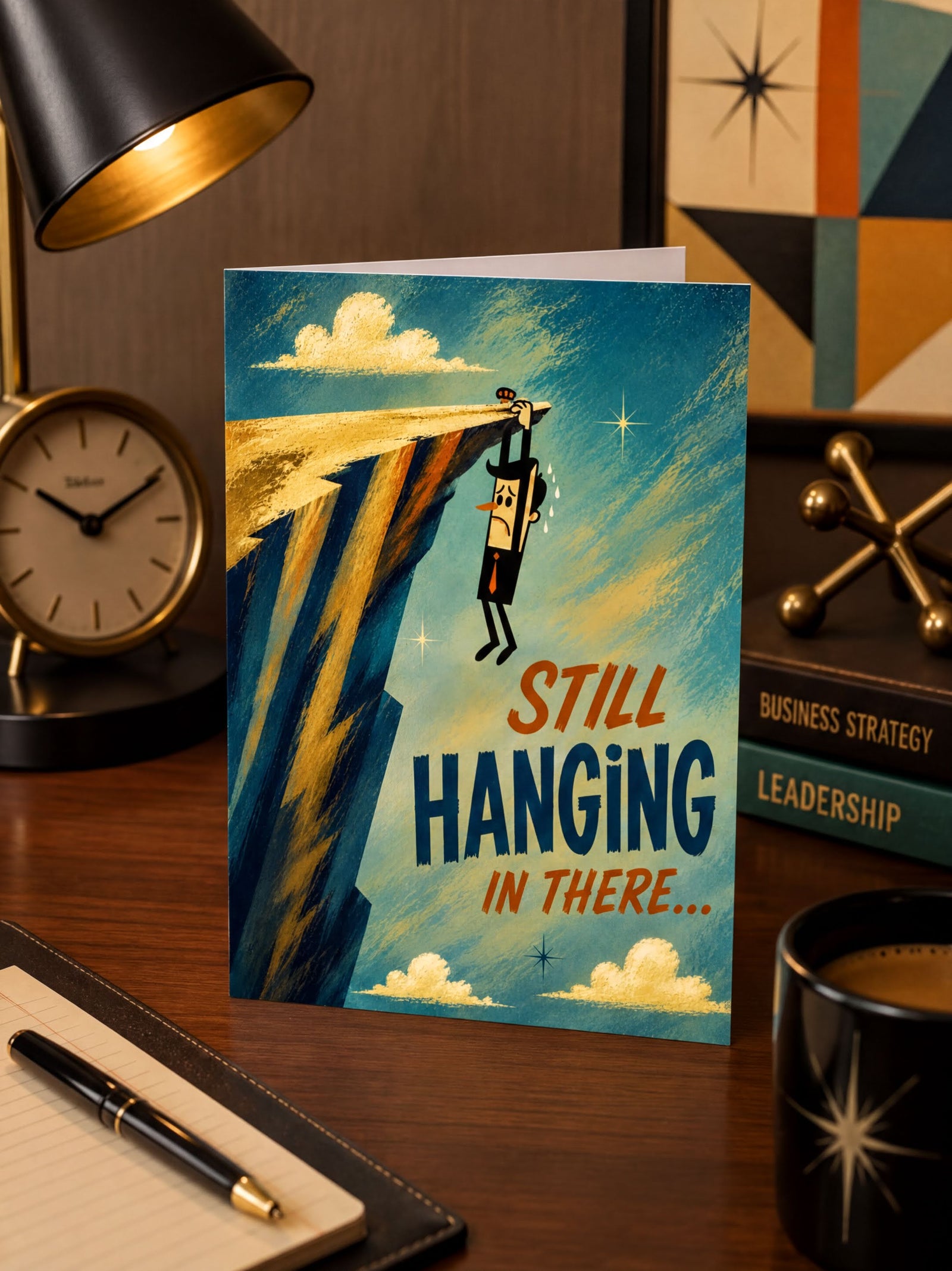 A folded greeting card shown front-on against a white background. The card features an illustrated scene of a small figure hanging from a cliff edge under a blue sky with clouds, and the text 'STILL HANGING IN THERE.