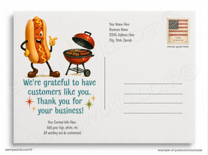 The image is a postcard featuring a cartoon hot dog and a barbecue grill, along with a message expressing gratitude to customers for their business.
