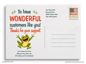 Postcard with a frog illustration and text thanking customers for their support, featuring a USA Forever stamp.