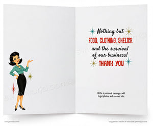 An open greeting card or booklet shown front and back on a white background. The left panel features a retro-style illustration of a woman in a teal top and black skirt, while the right panel contains printed text reading, 'Nothing but FOOD, CLOTHING, SHELTER and the survival of our business! THANK YOU,' with small decorative starburst accents.