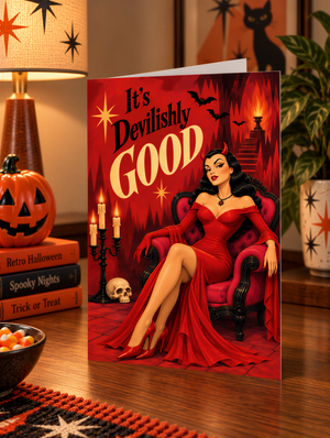 a Halloween-themed greeting card with a woman in a red dress sitting on a chair, surrounded by spooky elements such as bats, a skull, and a pumpkin.