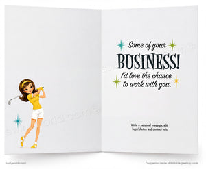 An open greeting card or booklet shown front and back. The left panel features a cartoon illustration of a woman in a yellow top and white shorts swinging a golf club.