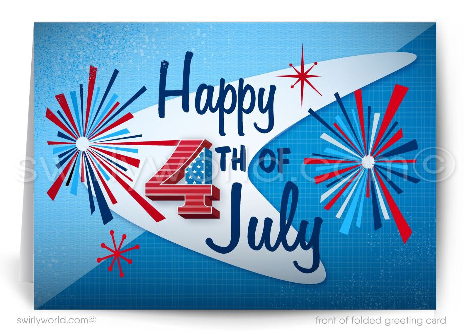 A colorful and festive greeting card celebrating the 4th of July, featuring fireworks, a number 4, and patriotic symbols.