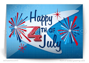A colorful and festive greeting card celebrating the 4th of July, featuring fireworks, a number 4, and patriotic symbols.