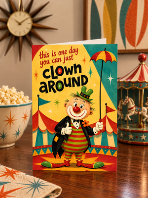 A greeting card featuring a colorful clown illustration and the text 'this is one day you can just clown around', displayed on a wooden table with a popcorn bowl and carousel in the background.