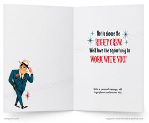 The image is a greeting card featuring a cartoon character in a suit and hat, with a message encouraging the viewer to choose the right crew and work with them.