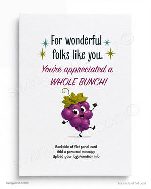 The image is a flat panel card with a playful grape character and a message that says "For wonderful Folks like you. You're appreciated a Whole Bunch!"