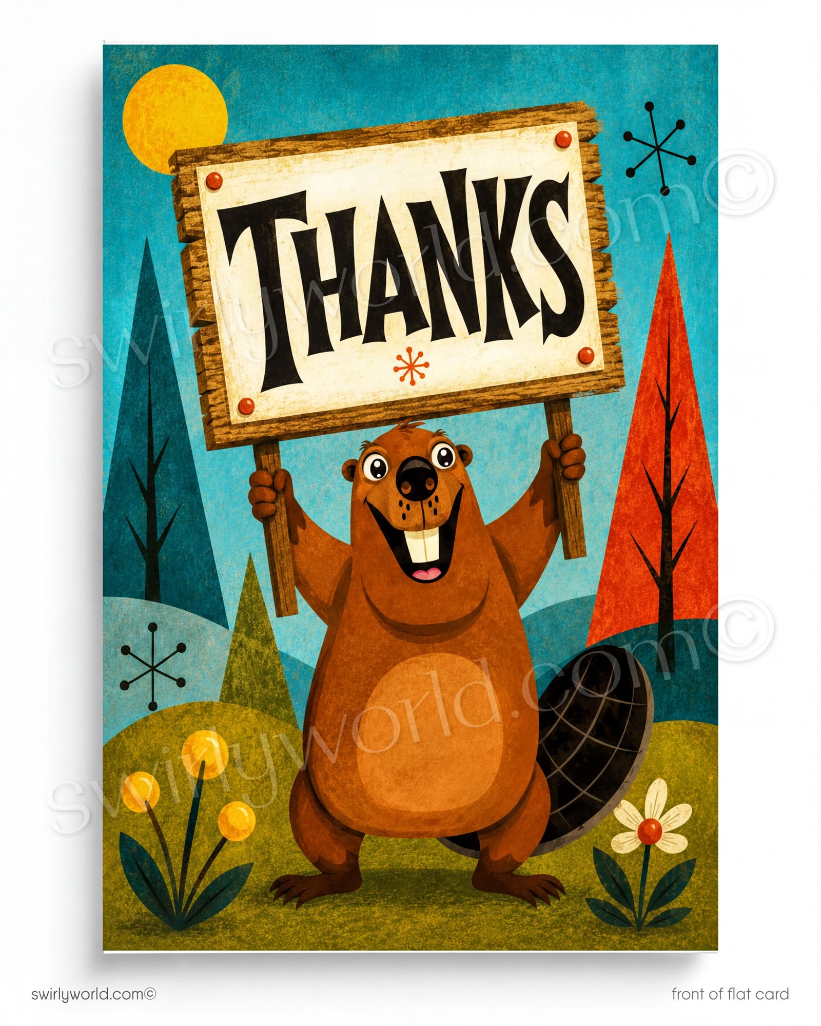 Illustration of a beaver holding a 'THANKS' sign with a retro-style background.