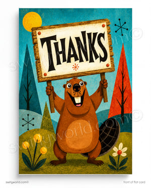 Illustration of a beaver holding a 'THANKS' sign with a retro-style background.