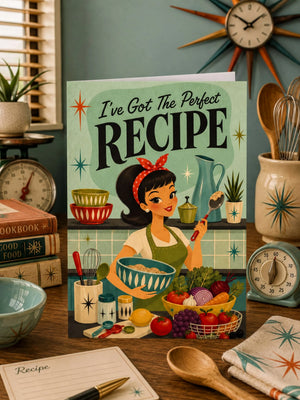a book titled "I've Got the Perfect Recipe" with a woman cooking in a kitchen setting, surrounded by various cooking utensils and ingredients.