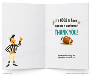 An open greeting card template with a cartoon referee on the left page and a football plus customer thank-you text on the right page, shown on a white background.