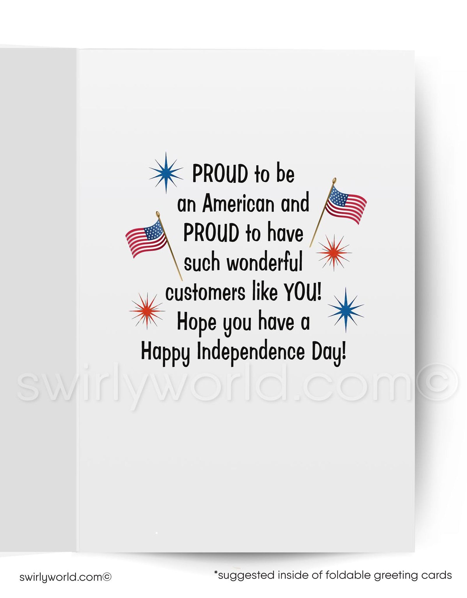 Card with an eagle holding a 'Happy 4th of July!' sign on a blue background with stars and stripes.