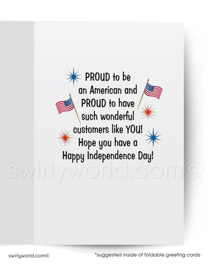 Greeting card with American flags and Independence Day message on a white background
