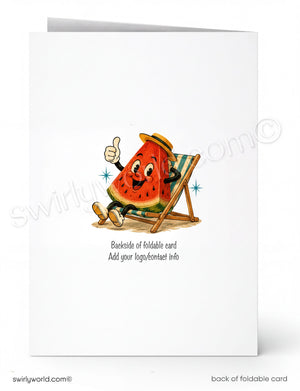 Back of a folded card with a cartoon watermelon character in a deck chair, giving a thumbs up.