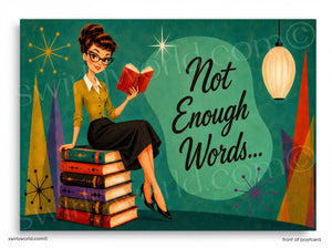 Vintage-style illustration of a woman reading a book with 'Not Enough Words' text on a teal background.