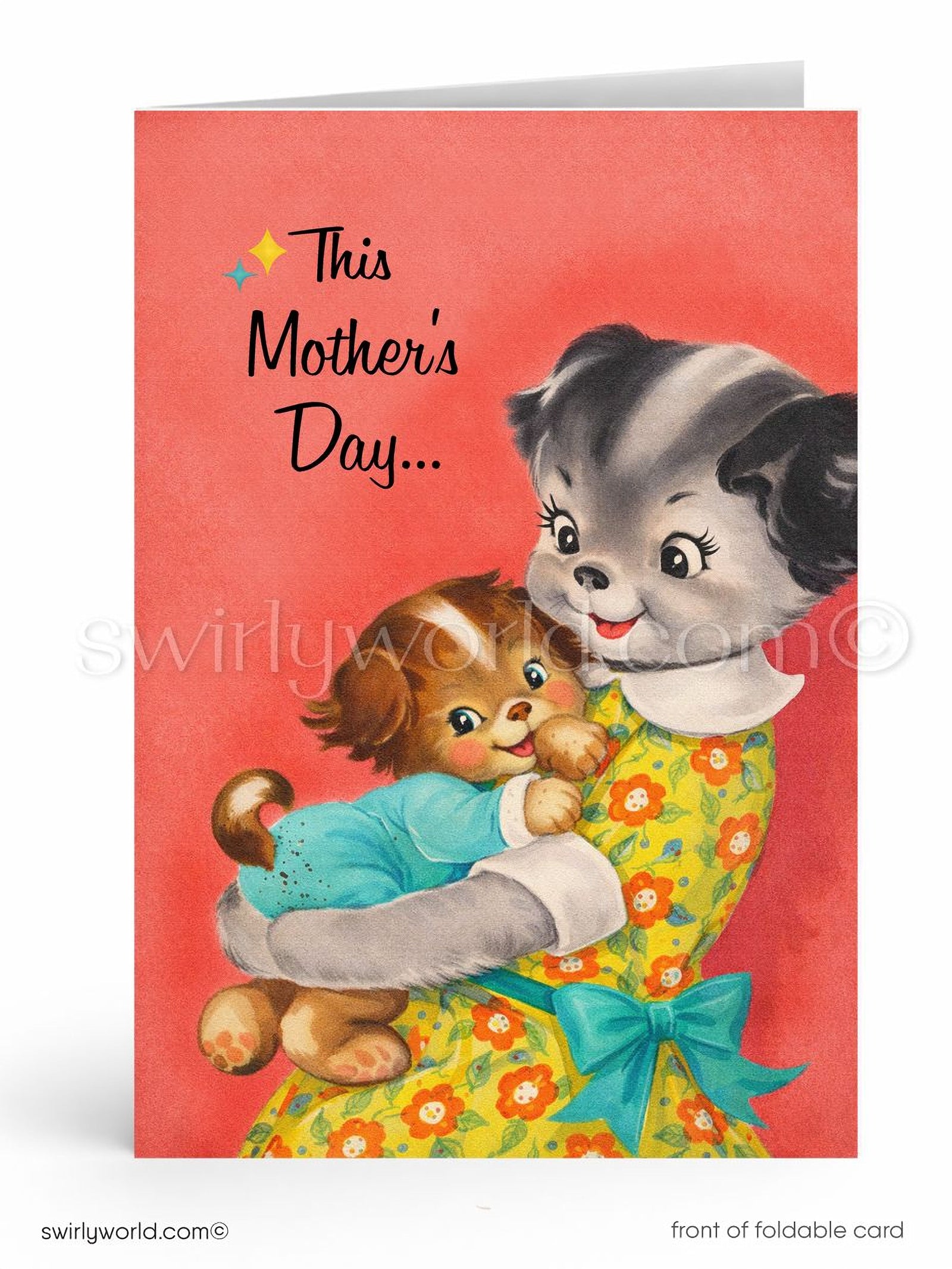 Vintage-style Mother's Day card with a cat holding a child and a teddy bear on a red background.
