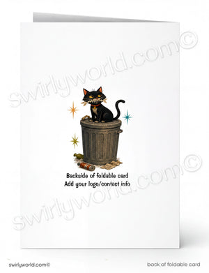 A folded white greeting card shown front and back. The front features an illustration of a black cat sitting on top of a gray trash can with small star sparkles and the text 'Backside of foldable card Add your logo/contest info'.