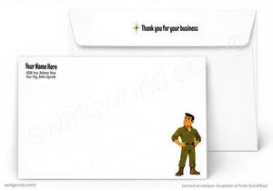 a white envelope with a cartoon soldier standing in front of it. The envelope has a blank space for the recipient's name and address, and there is a star symbol above the text "Thank you for your business".