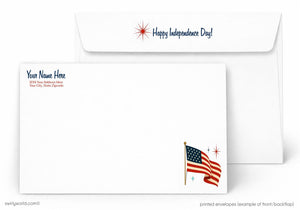 a white envelope with a patriotic design, including an American flag and a red star. The text on the envelope reads "Happy Independence Day!" and "Your Name Here", suggesting it is a personalized or printed envelope.