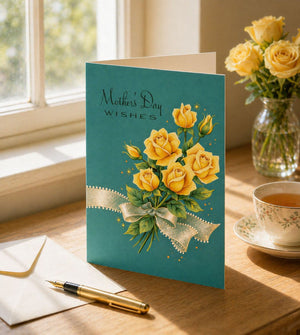 A Mother's Day card with a bouquet of yellow roses sits on a wooden surface, accompanied by a pen, a teacup, and a vase of yellow roses.