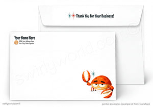 a white envelope with a cartoon crab design on the front. The crab appears to be smiling and waving, and the envelope has a message that says "Thank You For Your Business!" printed on it.