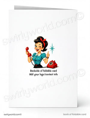 A white foldable card shown front and back on a white background. The front features a retro-style illustration of a woman in a teal blouse and black skirt holding a red telephone receiver, with the text 'Backside of foldable card' and 'Add your logo/contact info' below.