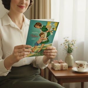 A woman is sitting in a chair, reading a card with a drawing of a woman and a child, and there is a vase of flowers and a cup of coffee on a table in the background.