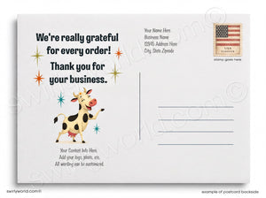 Customizable postcard backside template with a cartoon cow illustration, thank you message, address lines, and a postage stamp graphic on a white background.